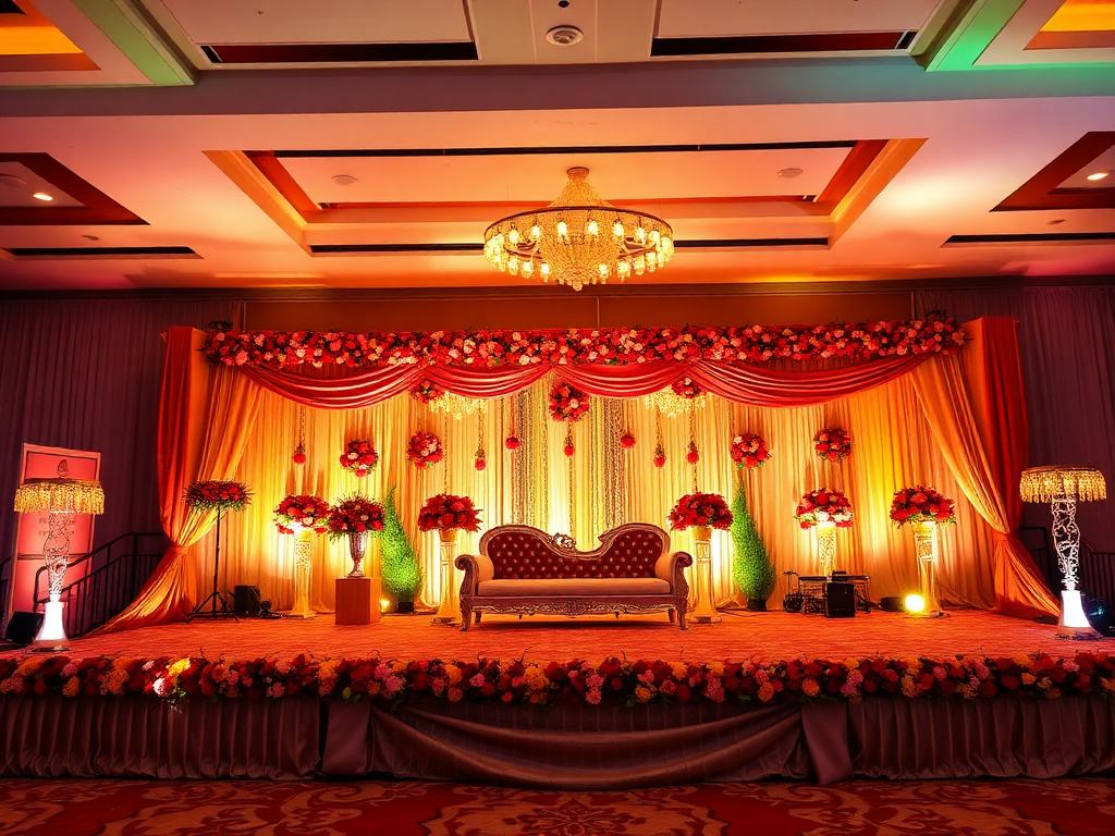 Wedding stage decorated with red and gold florals