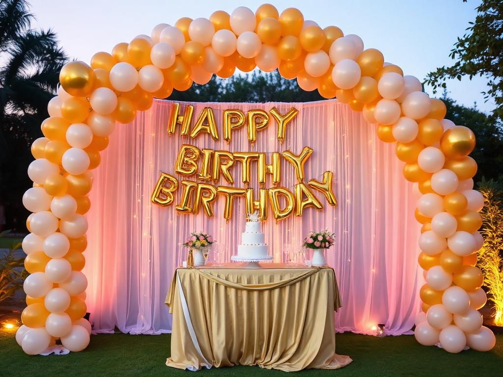 Birthday party balloon arch and cake table
