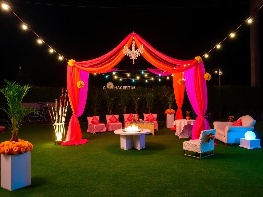 Theme party lounge on the lawn at night