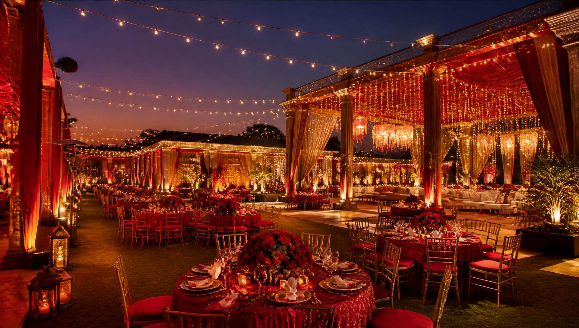 Decorated open-air party plot at dusk with golden lights